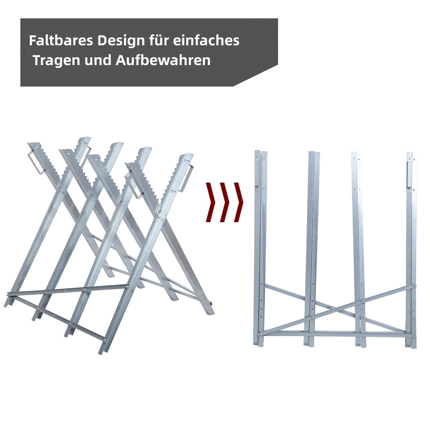 Robusto supporto per sega per legno in acciaio con 4 supporti dentati, zincato, pieghevole, portata fino a 150 kg, supporto per sega a catena, pieghevole per tronchi fino a Ø 23 cm