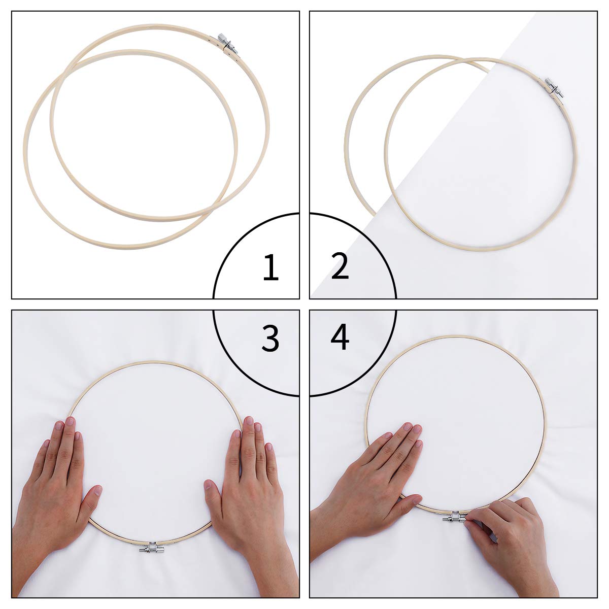 Worown 4 Sizes (10, 13, 15 & 20cm) Bamboo Embroidery Hoops, Adjustable Sewing Circle Frame Rings - Image 4