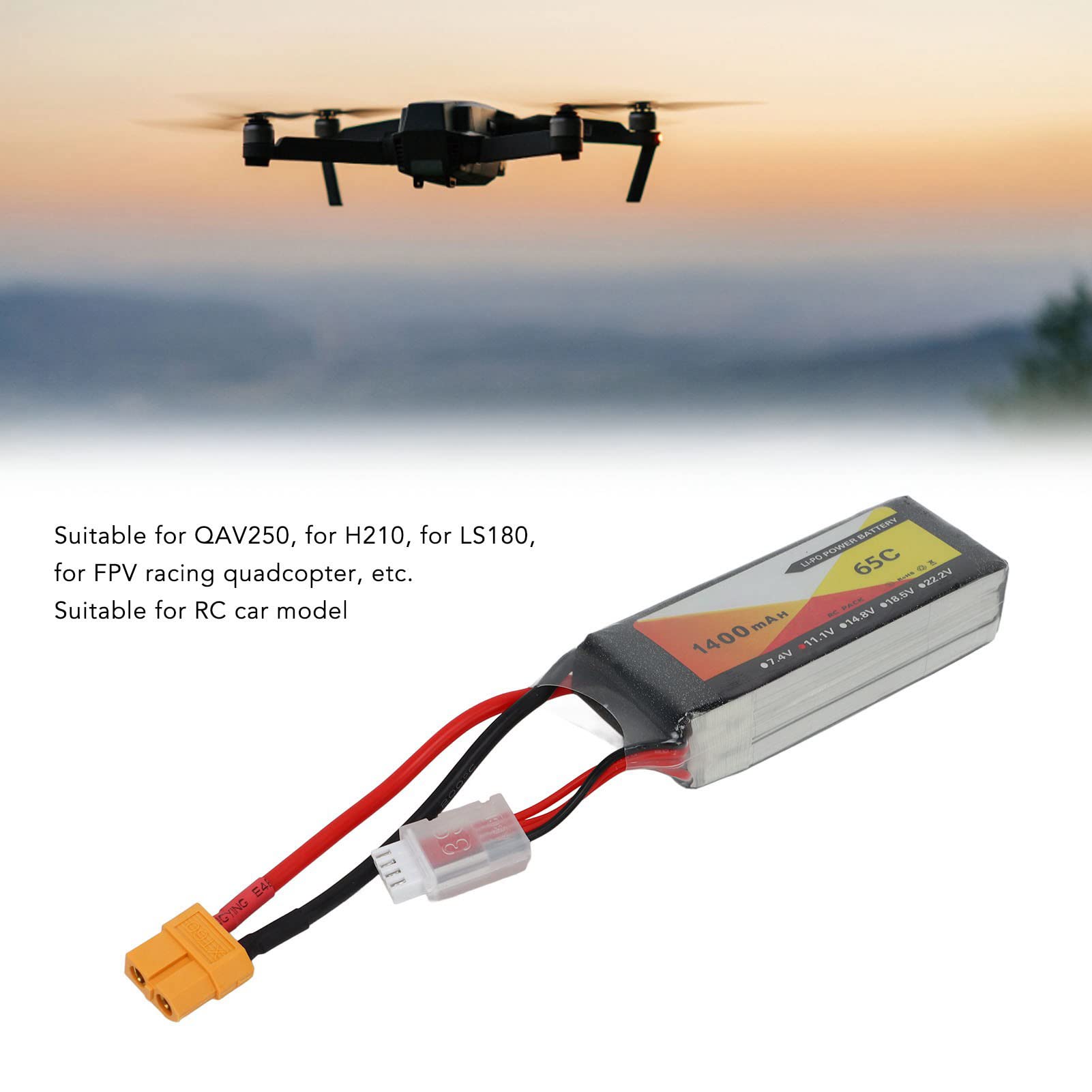Batería Lipo 3S 11.1V 1400mAh 65C Alta Descarga para RC Drone Quadcopter con Enchufe XT60, Energía Estable y Duradera, para Modelos de Hobby de Carreras