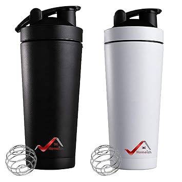 HOMEISH Protein Shakes Smoothies Supplements Gym Stainless Steel Shaker Bottle, Pack of 02, White and Black, Each 700ml