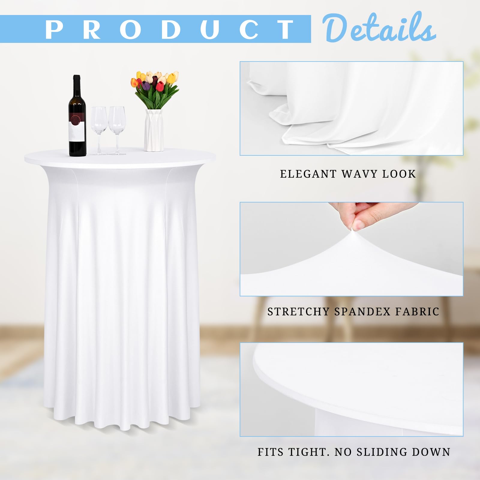2 Paquet nappes de Cocktail Spandex Blanc avec Jupe Courte, Nappe Drap - Housse élastique pour Table Ronde Haute, Nappe de Cocktail ondulée pour réception de Mariage (32 "x43)