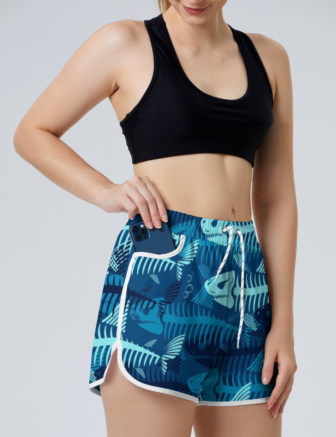 AYUNIX Women's Running Shorts with Pockets Quick Dry Performance Shorts for Women Fish Skull Athletic Workout Gym Shorts White