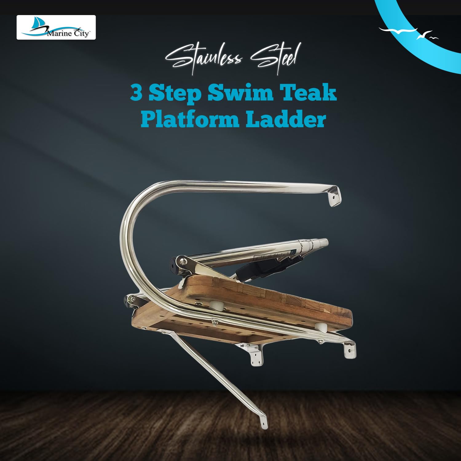 MARINE CITY Stainless Steel Swim Teak Platform Boat Ladder, Low Maintenance Ideal for Marines, Boats, Ships, Yachts (Teak O/B (3 Steps))