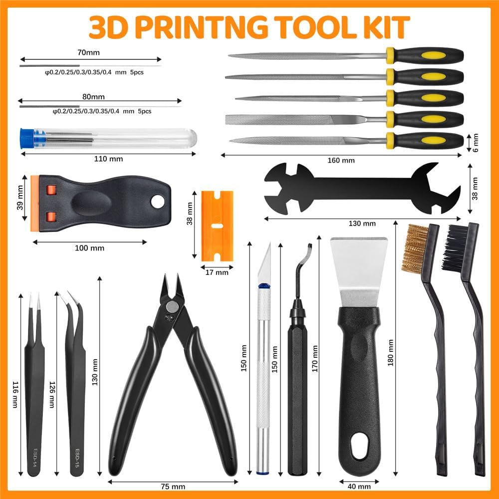 50Pcs 3D Printer Tool Kit & Accessories for All FDM/SLA Printers, Includes Nozzle Cleaning Kit, Scraper, Deburring Tool, Files, Brushes - Complete Starter Kit with Case - 7