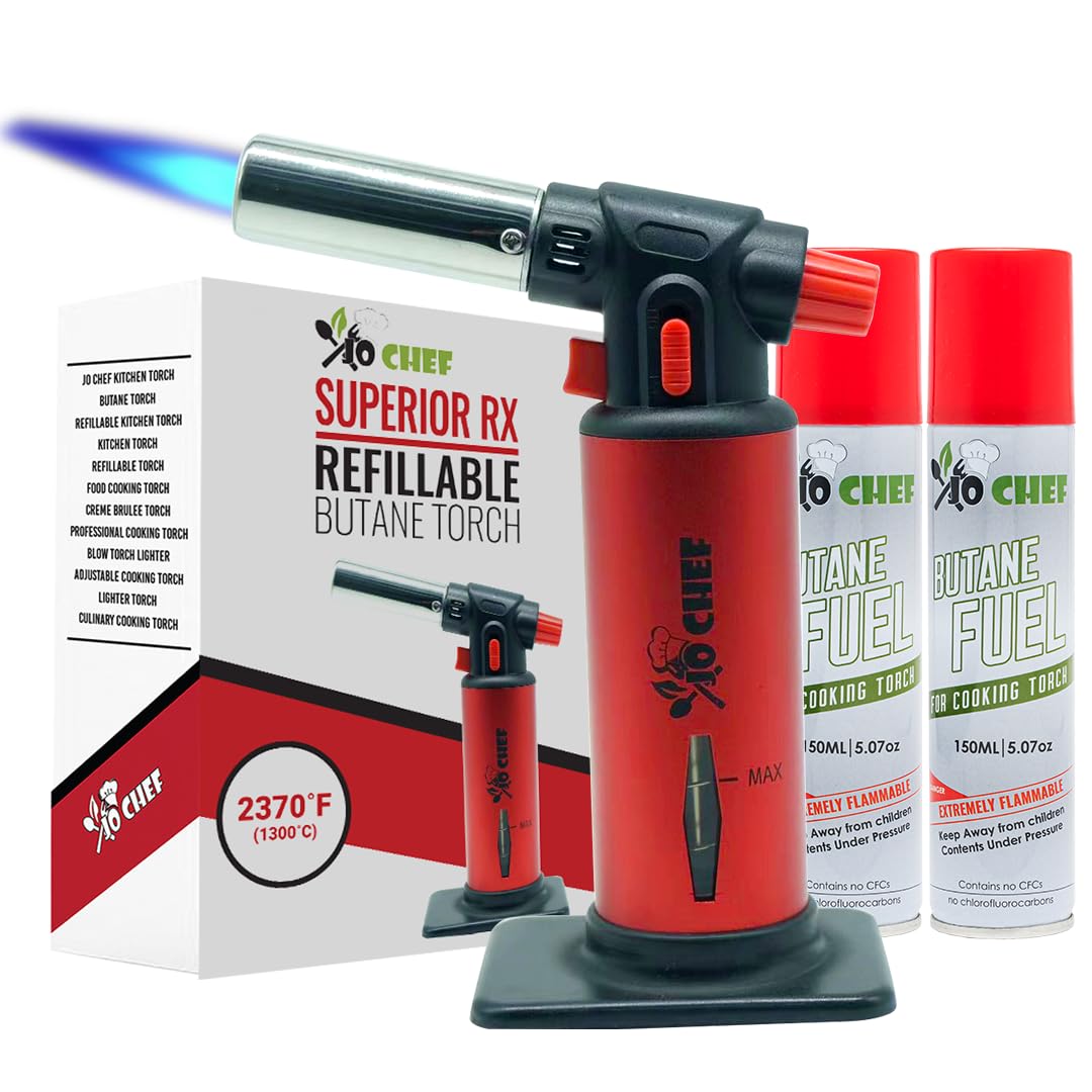 Jo Chef Kitchen Torch With Butane included, Refillable Butane Torch, Creme Brulee Torch, Blow Torch Lighter gun With Safety Lock & Adjustable Flame, Culinary Cooking for Food, (Red)