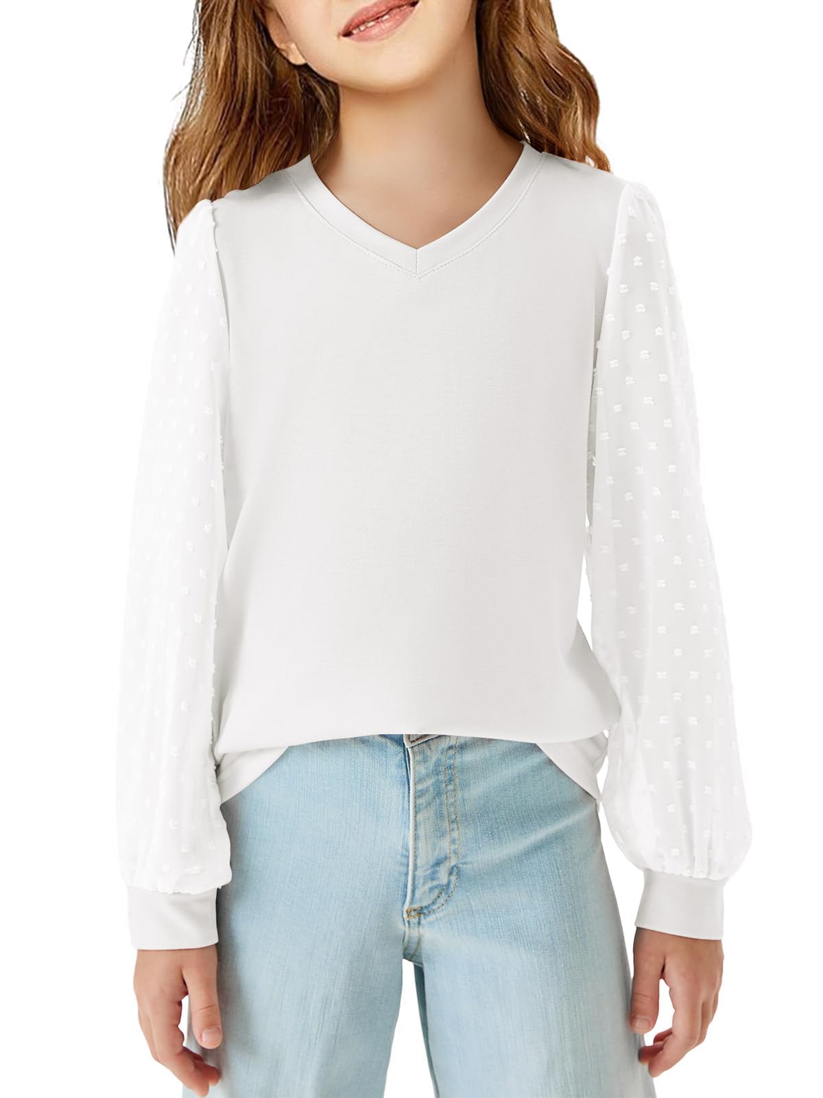 Haloumoning Langarmshirt Mädchen Pullover V-Ausschnitt Longsleeve T-Shirt Lässige Lose Bluse Freizeit Niedlich Weiche Tops für Kinder Schweizer Punkt Oberteile