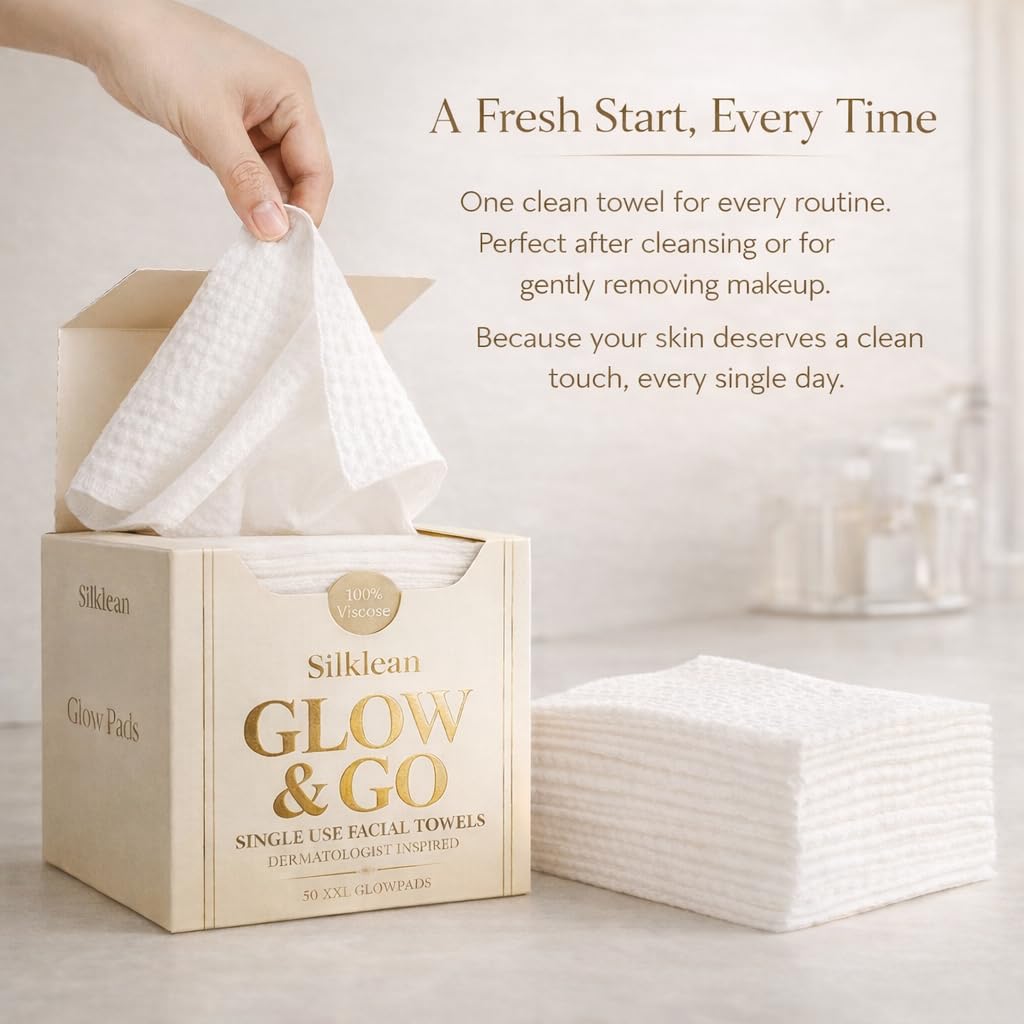 Glow & Go XL Disposable Face Towel 10x15 Inch, 100% Biodegradable Premium Towels for Fine Line Prevention & Radiant Skin, Chemical Free, 50 Count One Month Supply, 1 Pack