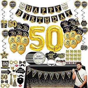 50 geburtstag deko mann frau – (76pack) schwarzes Gold party Banner, Wimpel, Spiral Girlanden, ballons, Tischdecken…