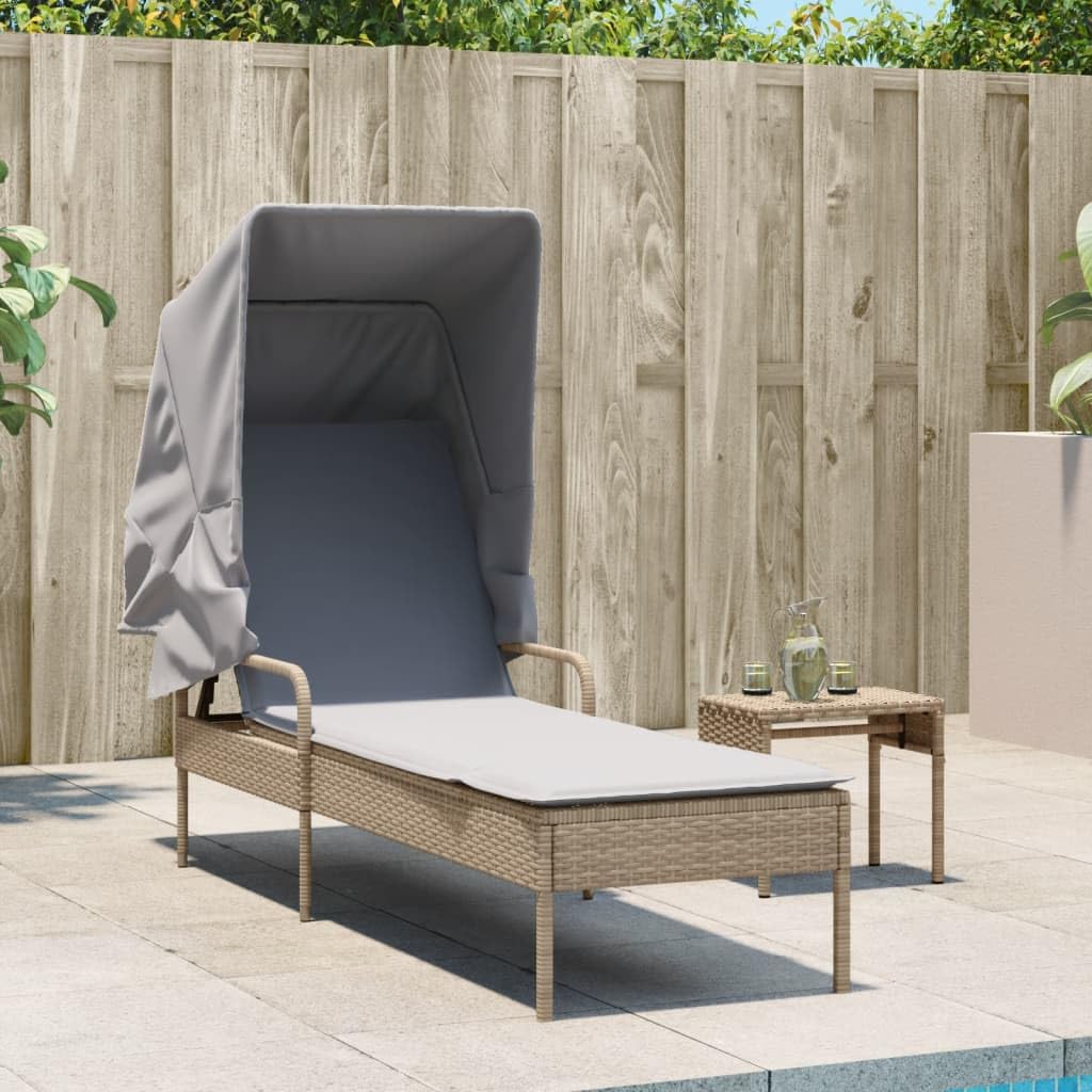 Tumbona con techo, color beige poli ratán 62 x 200 x 130 cm, respaldo ajustable, resistente a los rayos UV, incluye almohada, para jardín, terraza, piscina, silla de salón de gravedad cero al