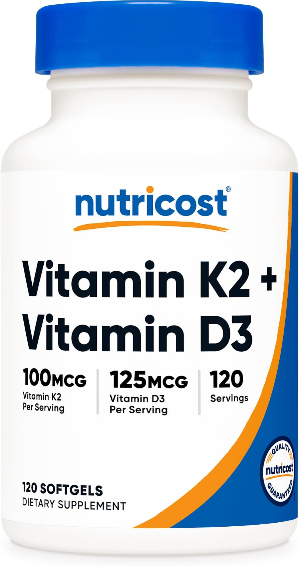 Vitamin K2 (MK7) (100mcg) + Vitamin D3 (5000 IU) 120 Softgels - Gluten Free and Non-GMO