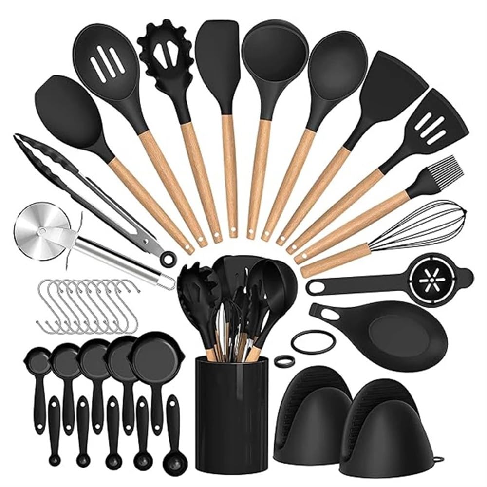 Küchenutensilien-Set mit langem Griff, hitzebeständig, antihaftbeschichtet, Silikon, Pfannenwender, Suppenlöffel, Schaufel, Küche, Kochwerkzeug (schwarz)