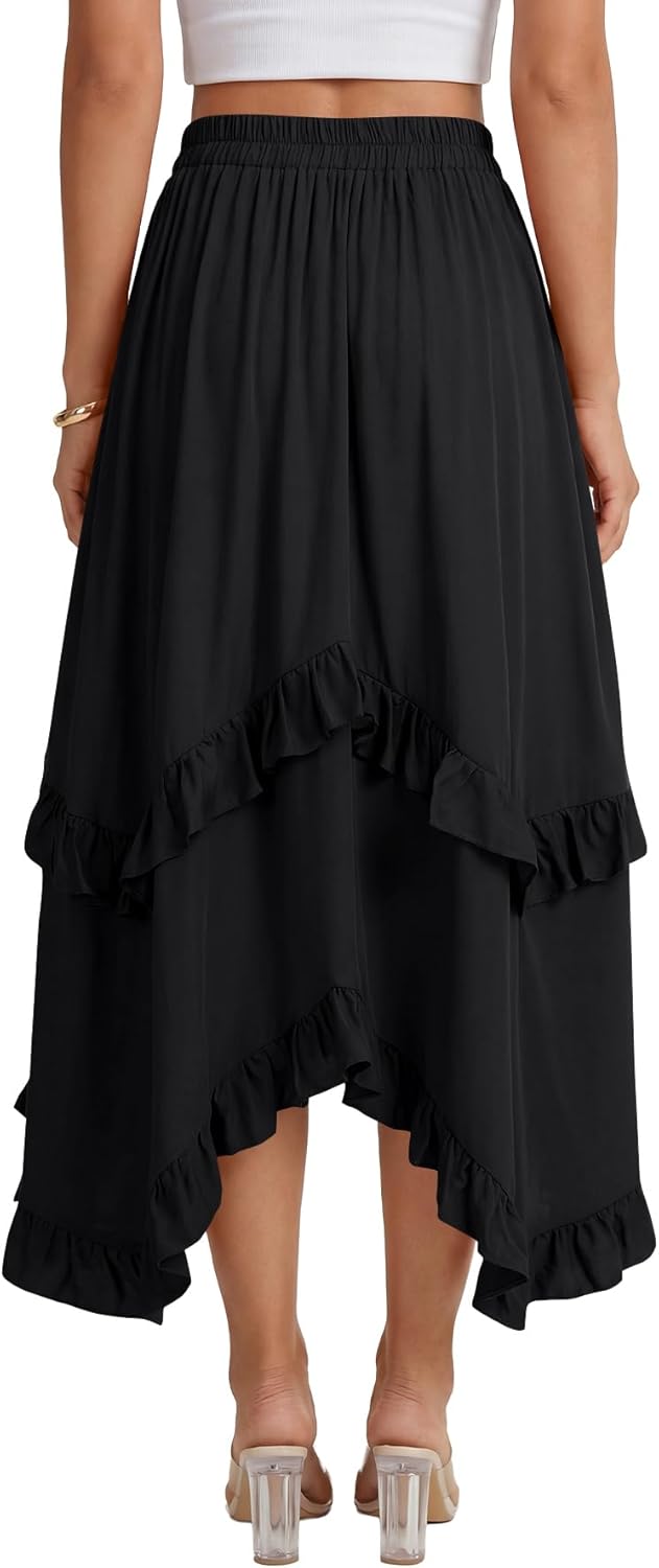 KIFOVEN Women’s Summer Boho Skirt Tiered Ruffle Flowy A-Line Swing Asymmetric Hem Beach Long Maxi Skirt - Image 5