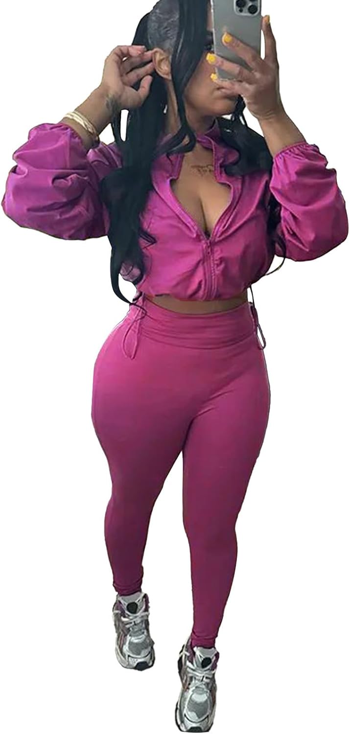Uni Clau Women 2 Piece Outfits Tracksuit Drawstring Long Sleeve Zip Up Crop Jacket with Bodycon Pant Set Sweatsuit Clothes