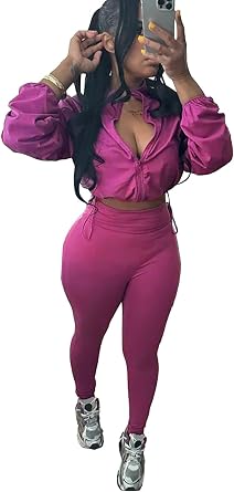 Uni Clau Women 2 Piece Outfits Tracksuit Drawstring Long Sleeve Zip Up Crop Jacket with Bodycon Pant Set Sweatsuit Clothes
