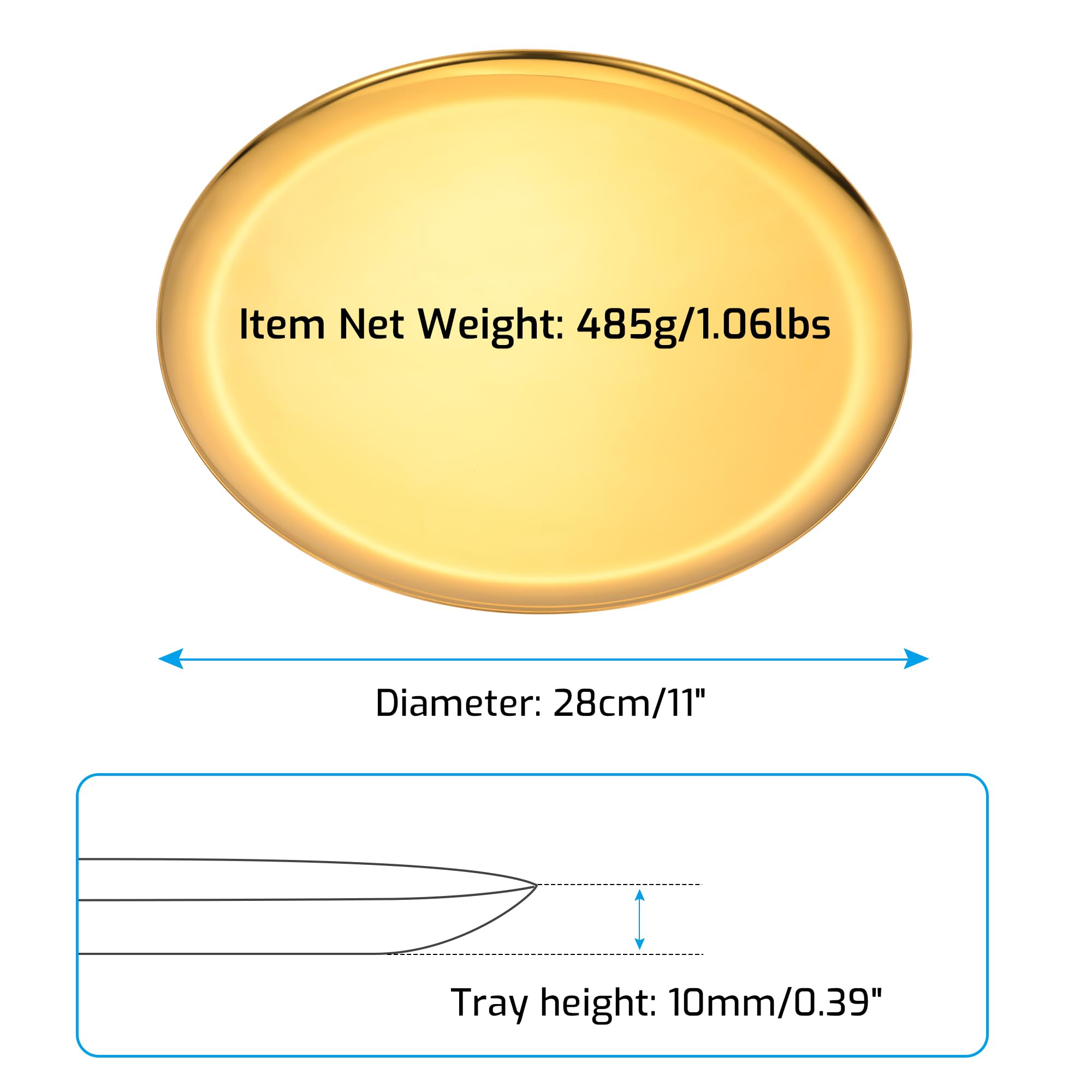 Round Stainless Steel Large Tray,Jewelry & Cosmetics Storage Tray,Serving Tray & Exhibition Tray & Decorative Tray,Diameter 11.02 inches/28cm,Full Surface Mirror Polish,Gold,2 Piece.Dishwasher Safe