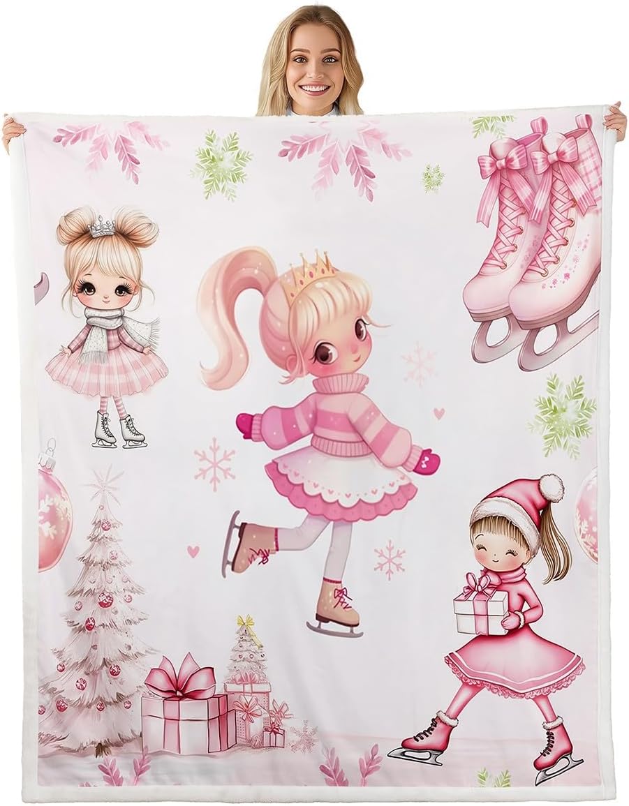 Pink Ice Skates Fleece Flannel Blanket,Girls Winter Sport Ice Skating Bed Blanket for Bed Sofa Couch,60"x80"Cute Princess Bowknot Bed Plush Blanket,Rustic Cloth Texture Print Lightweight Blanket
