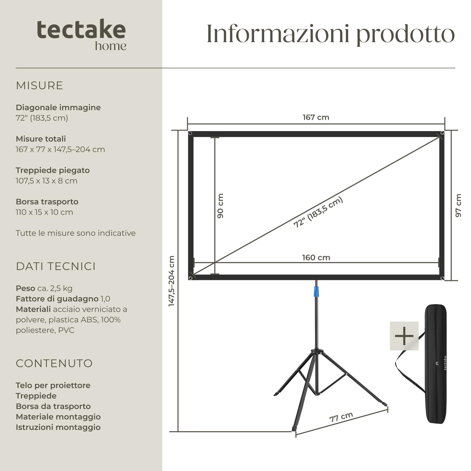 tectake® Telo Proiettore con Treppiede 16:9 4K HD, 160 x 90 cm, 72", Schermo Proiettore Regolabile, Borsa Trasporto, Schermo Portatile Cinema Home Theatre, telo per proiettore per casa ufficio scuola