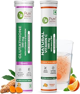 Pure Nutrition L Glutathione 500mg Tablets with Vitamin C from Amla Extract | Combo Pack for Skin Health - 15 + 20 Effervescent Tablet