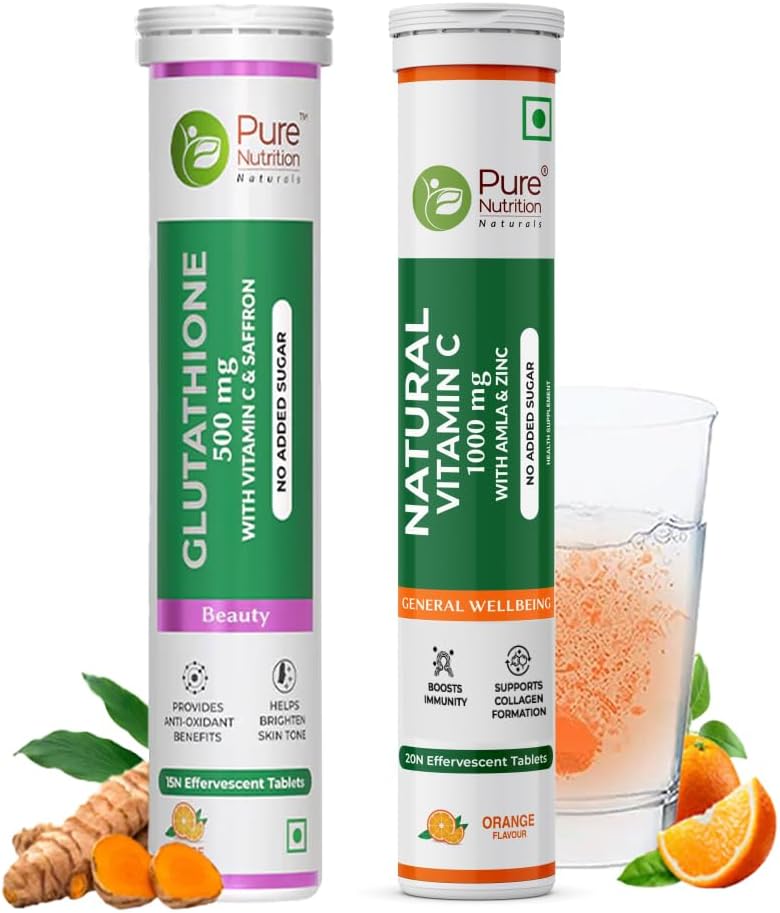 Pure Nutrition L Glutathione 500mg Tablets with Vitamin C from Amla Extract | Combo Pack for Skin Health - 15 + 20 Effervescent Tablet