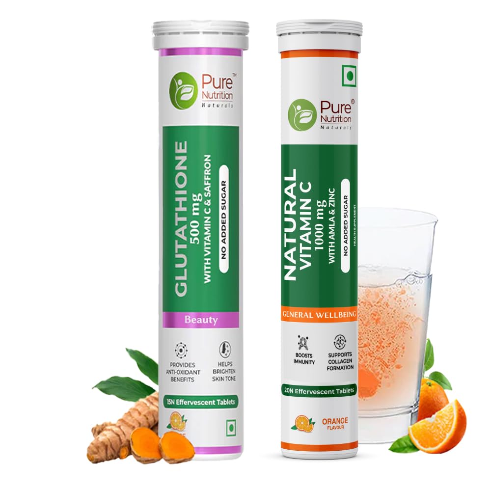 Pure Nutrition L Glutathione 500mg Tablets with Vitamin C from Amla Extract | Combo Pack for Skin Health - 15 + 20 Effervescent Tablet