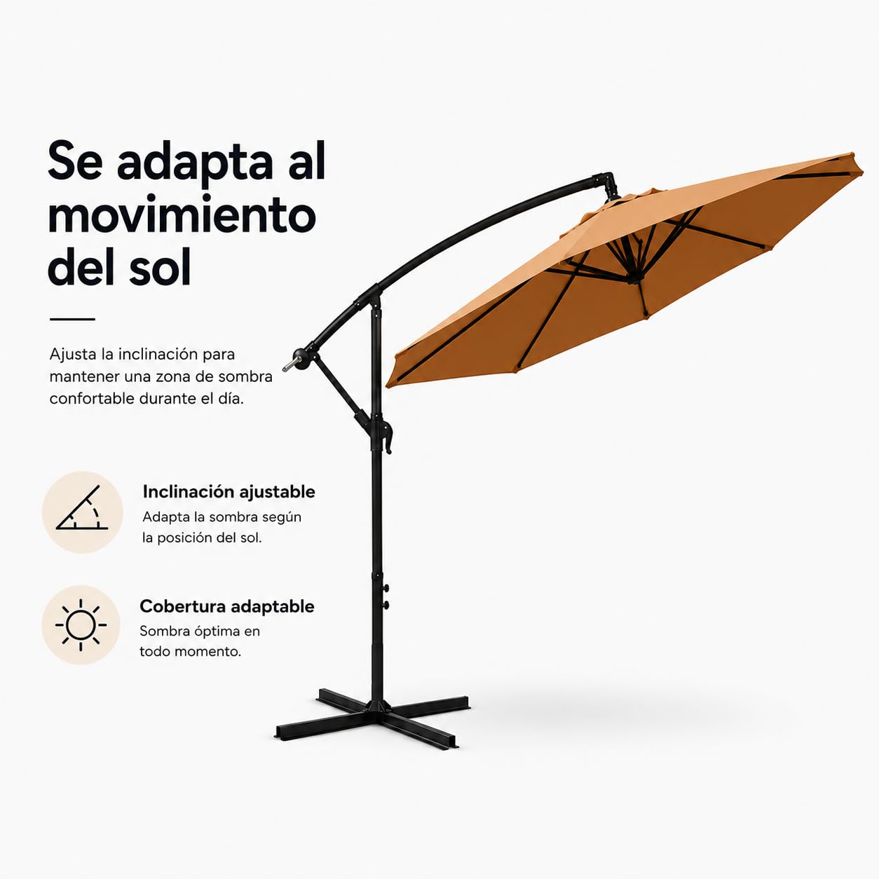 Sombrilla Terraza Exterior 3 m Lateral Inclinable 360° – Parasol Excéntrico de Jardín con Manivela, Mástil Lateral, Protección UV, Tejido Impermeable, Kaki (sin base)