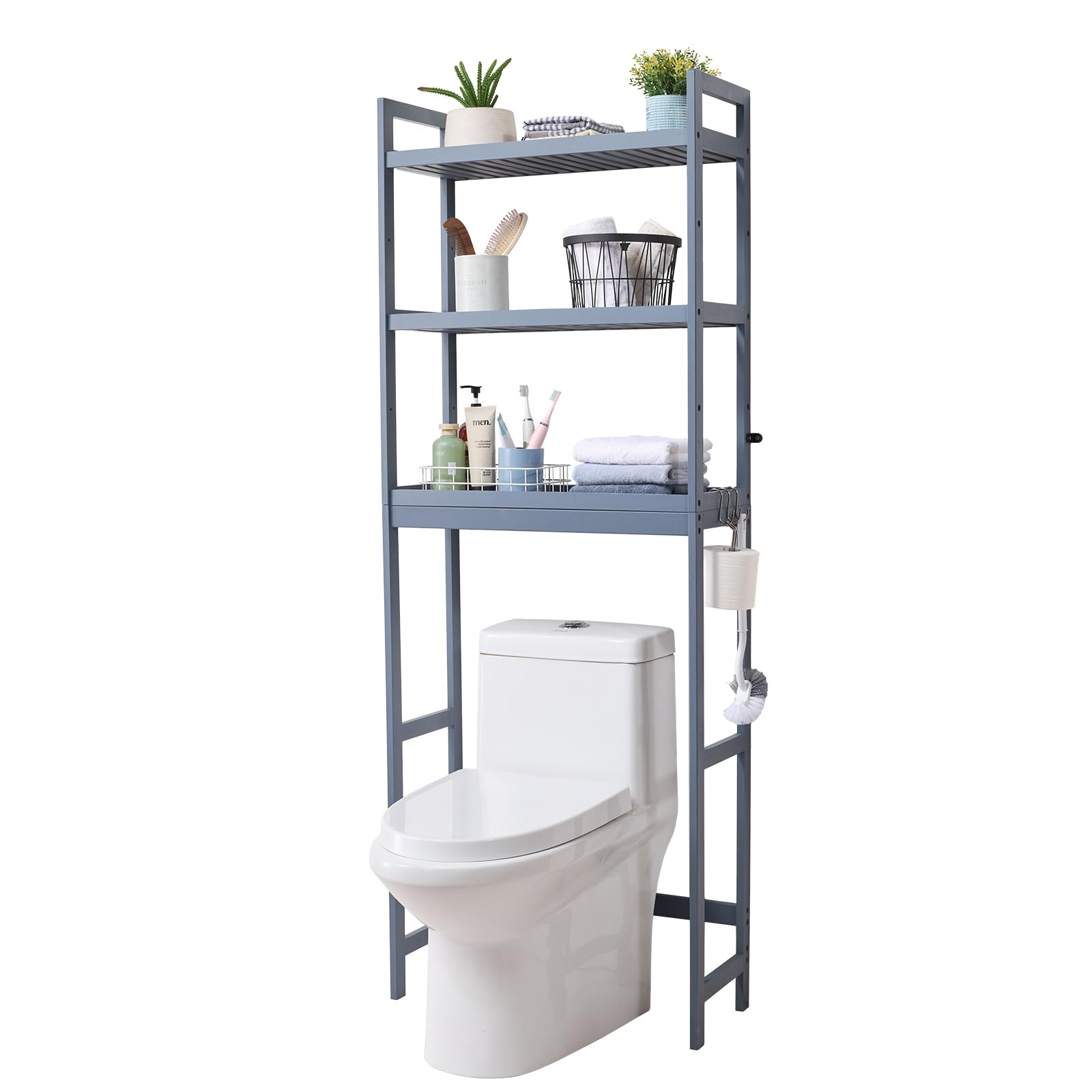 VEVOR Estante para Inodoro Ajustable de 3 Niveles Almacenamiento sobre Inodoro Estantería de Madera para Baño con 3 Ganchos Mueble de Baño Adecuado para la Mayoría de los Inodoros, Lavadero, Gris