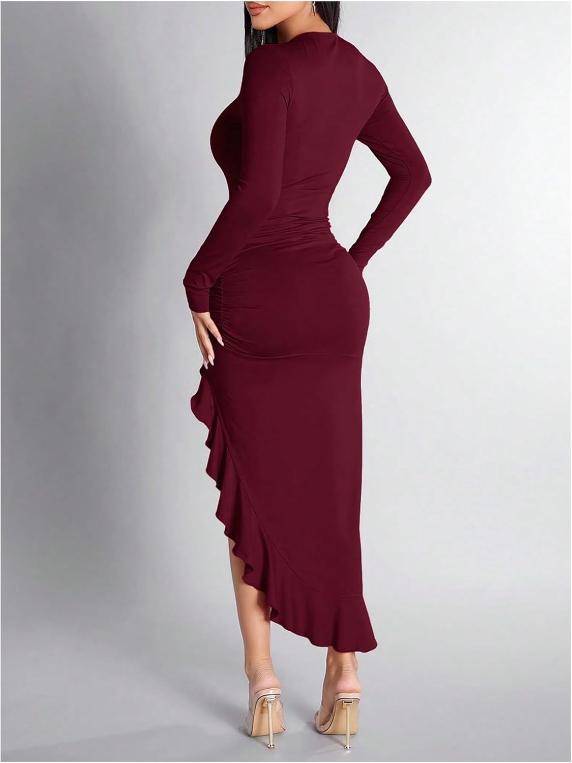 Floerns Women's Long Sleeve Bodycon Dress Asymmetrical Ruffle Hem Ruched Party Midi Dresses