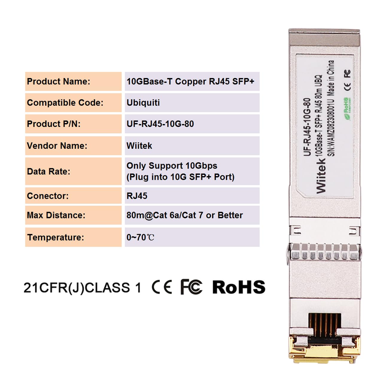 80 Meters, 10G SFP+ to RJ45 Modules, 2.5G/5G/10GBase-T Ethernet Copper RJ45 to SFP+ Transceiver Compatible for Ubiquiti UF-RJ45-10G, Plugin 10Gb SFP+ Port Switch/Router