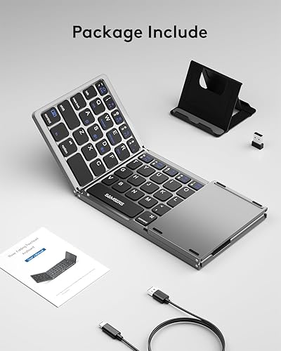Miniatura 9 de Samsers Teclado Bluetooth plegable multidispositivo con panel táctil recargable de modo dual (2.4G+BTx2) teclado inalámbrico con soporte, teclado