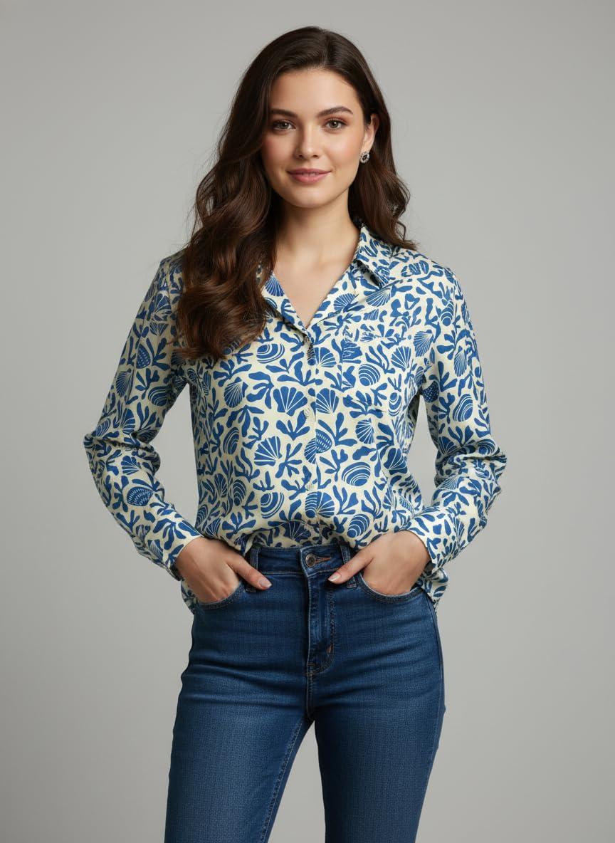 ANNI Designer Bedrucktes Damenhemd aus Baumwollmischgewebe, langärmelig, normale Passform, Hemdkragen, legere Bürokleidung, elegante Western-Kleidung für den Alltag, Hochzeit, Party