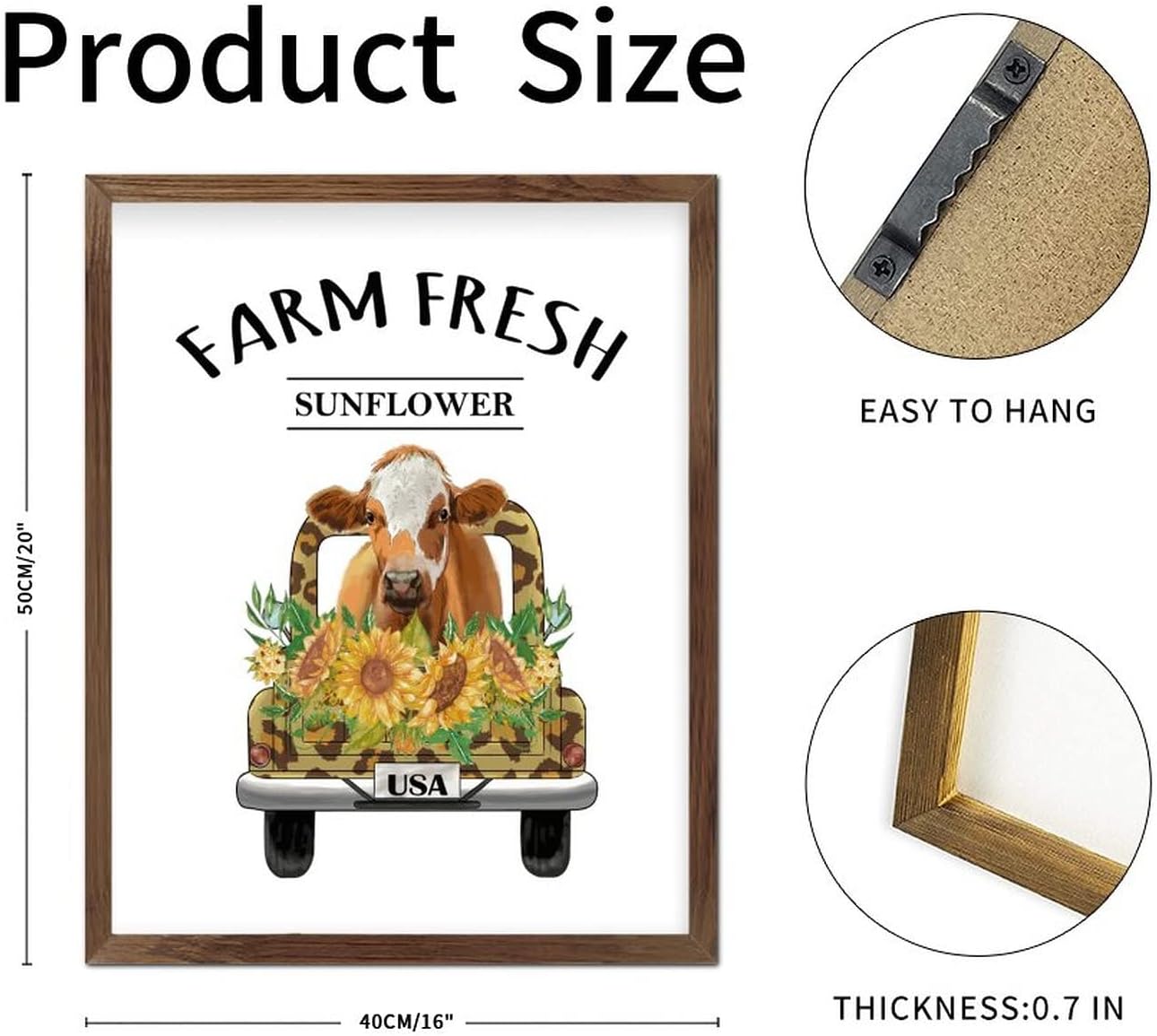 Farm Fresh Sunflower Wooden Framed Sign Farm Cow Leopard Truck Wood Panels Farmhouse Blossom Floral Wood Decor Farmhouse Wall Hanging Plaque for Bedroom Living Room Wall Kitchen Home 20x16inch