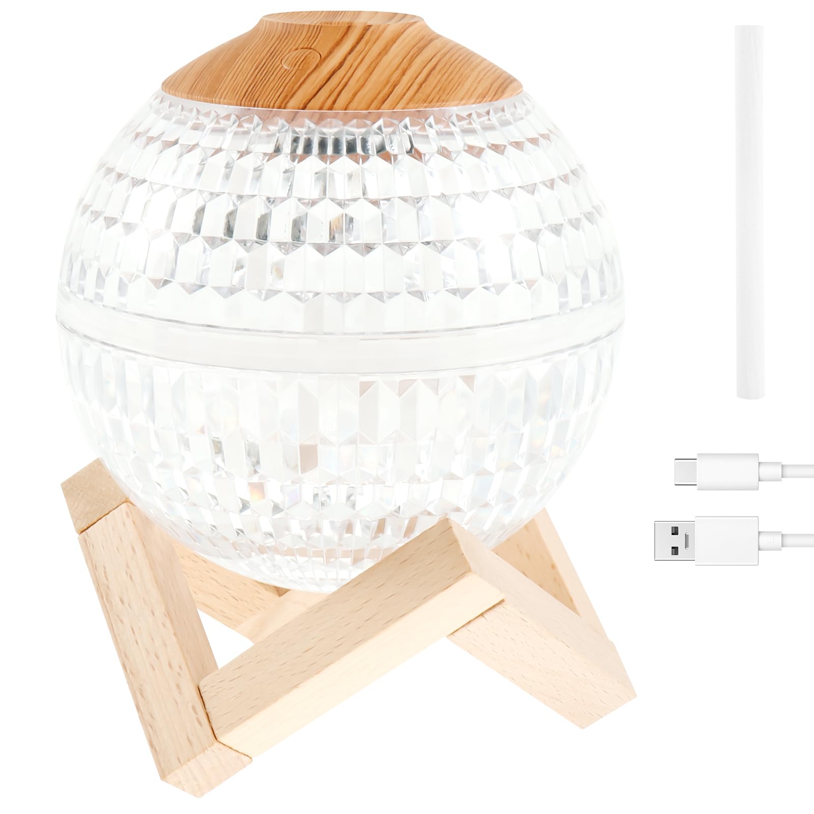 Crystal Ball Humidifier 350ml Mini for Bedroom Essential Oil Diffuser With Wood Auto Power Off Portable for Decoration