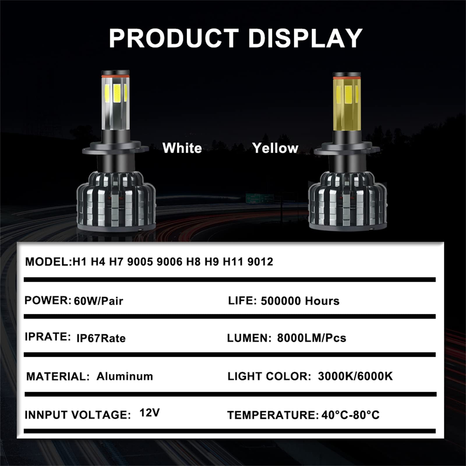 Bombillas LED Para Faros Delanteros, 2X 60W 6000K 3000K LED LED De Doble Color Blanco Amarillo Kit De Conversión De Luz De Cruce/Luz Antiniebla IP68 A Prueba De Agua, Paquete De 2,H1