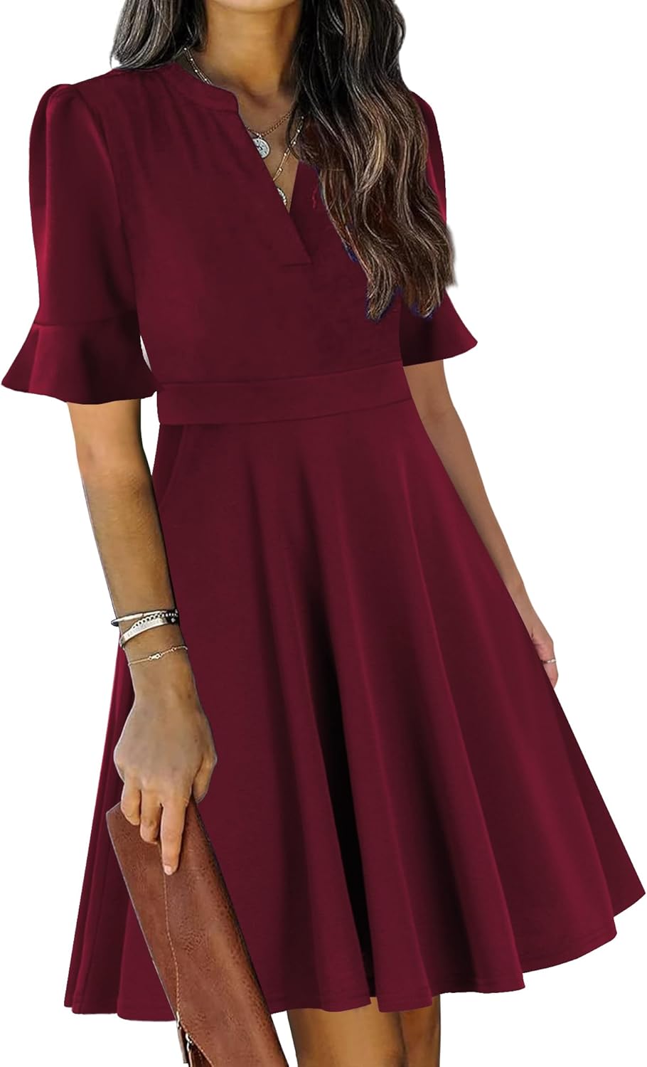 Mokayee Womens Summer V Neck Ruffle Short Sleeve Fit and Flare Knee Length Church Wedding Guest Dresses with Pockets