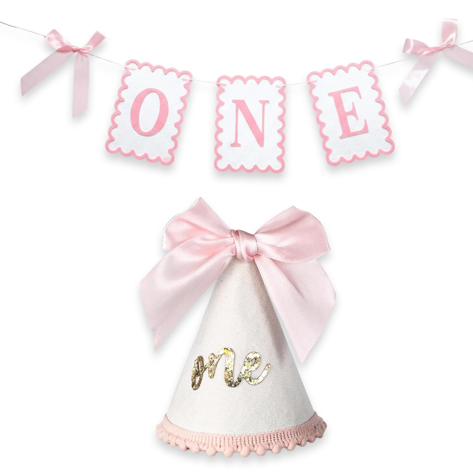 fKiZanthene Pink Bow First Birthday Banner and Baby Birthday Hat Set for Girls One Year Party Decorations for Home and Party Hall
