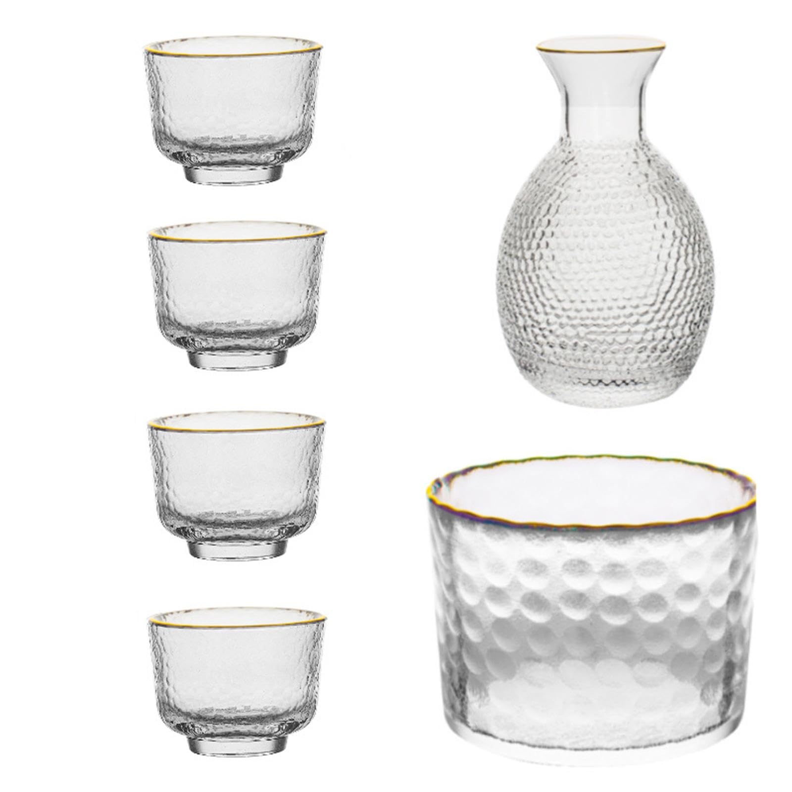 Sake Set Aus Glas, Sake Kanne mit 4 Bechern, Modisches, Multifunktionales Und Robustes Weinwärmer Set für Den Heimgebrauch, Ideal für Buffets, Goldrand