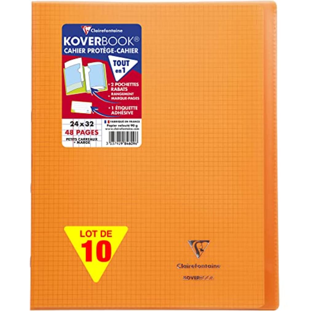 Clairefontaine 984609C - Packung mit 10 Heften Koverbook DIN A4+, 24x32cm, 24 Blatt kariert mit Rand, 90g, Einband PP, Orange, 1 Pack