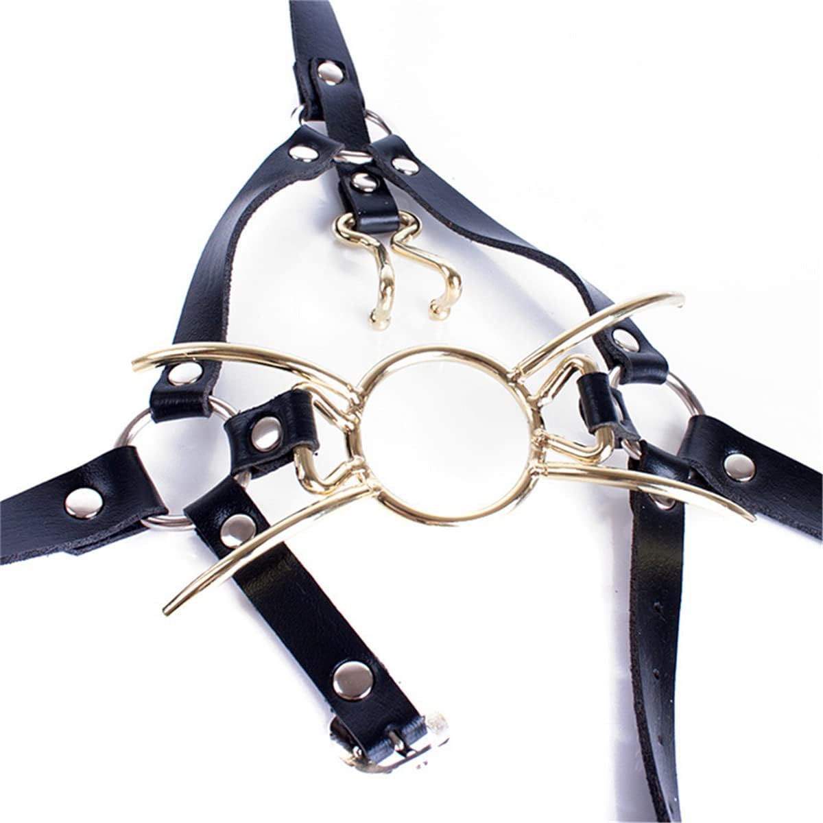 Y-Shape Restraint Head Harness Nose Hook with Metal Spider Ring Gag Bondage Mouth Gags Sex Toys for Couples (Gold)