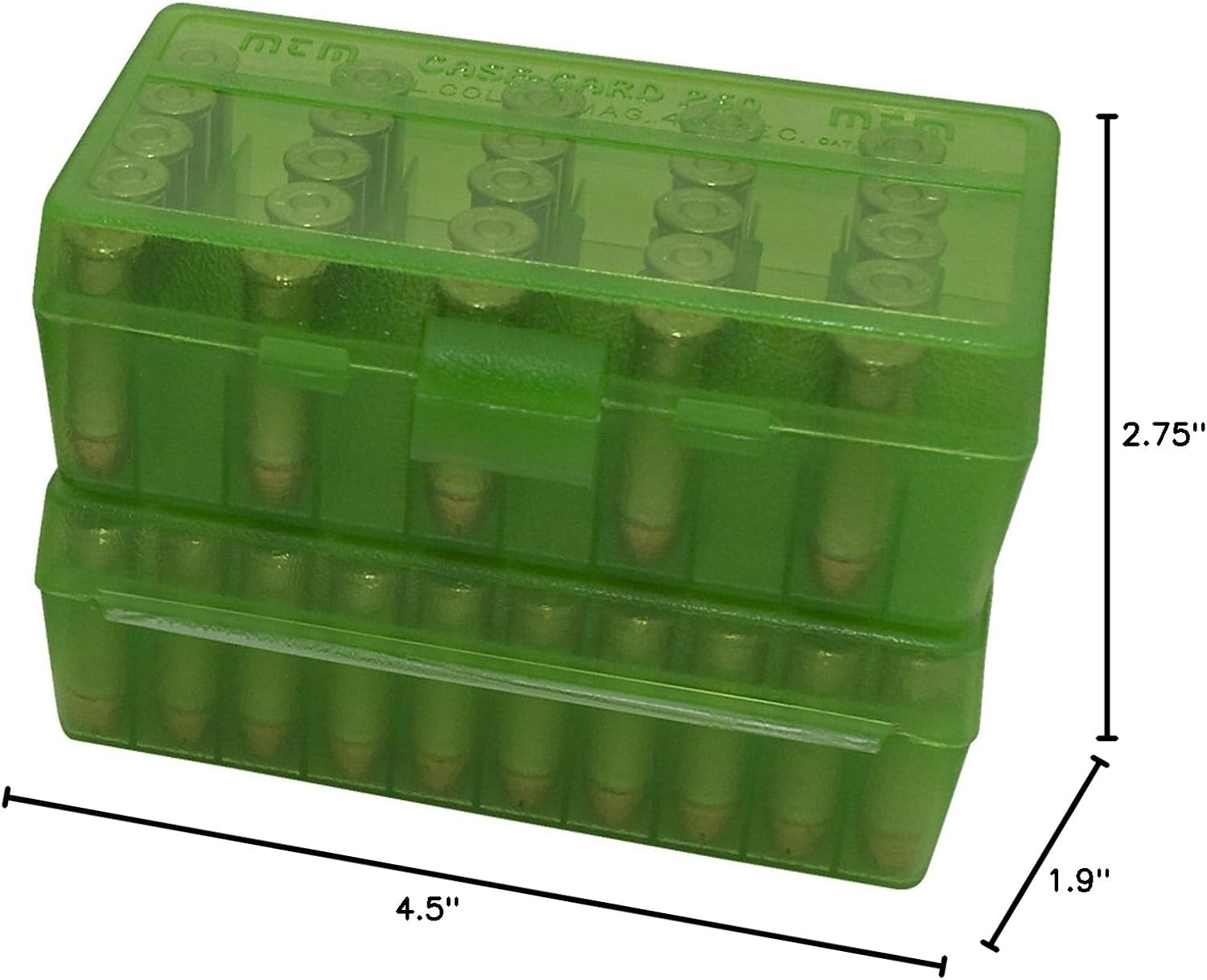 MTM P50-38-16 Ammo Box 50 Round Flip-Top | Fits 38/357 Cal | Made of Polypropylene | Stackable, Snap Lock Latch | USA Made | Clear Green