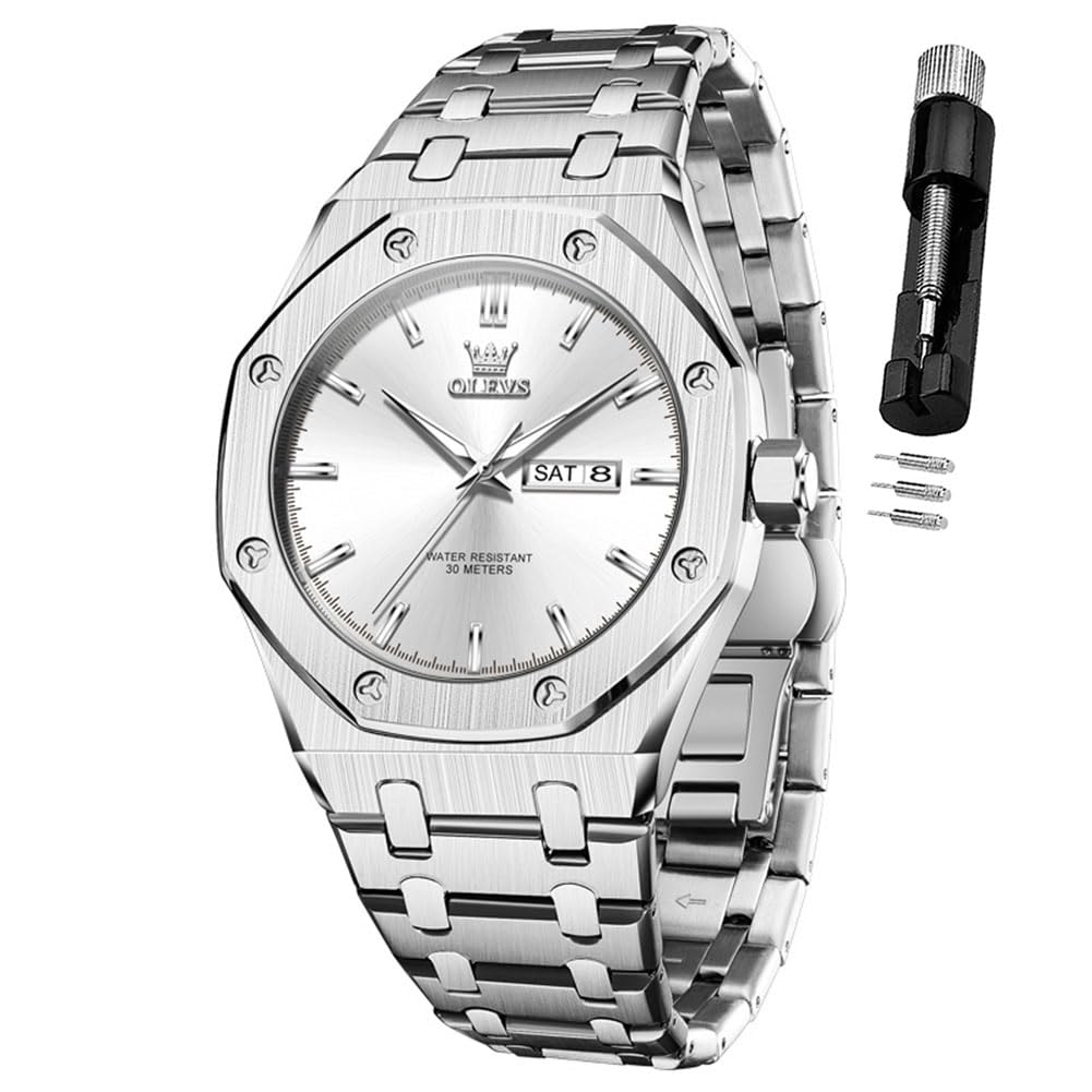 OLEVS Mens Watches Luxury Large Stainless Steel Analog Quartz Waterproof
