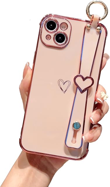 SUNACE For iPhone 13 - With Adjustable Wristband Kickstand Hand Straps Plating Love Heart Phone Case| Shockproof TPU Soft Case| For Girls and Ladies (Pink)
