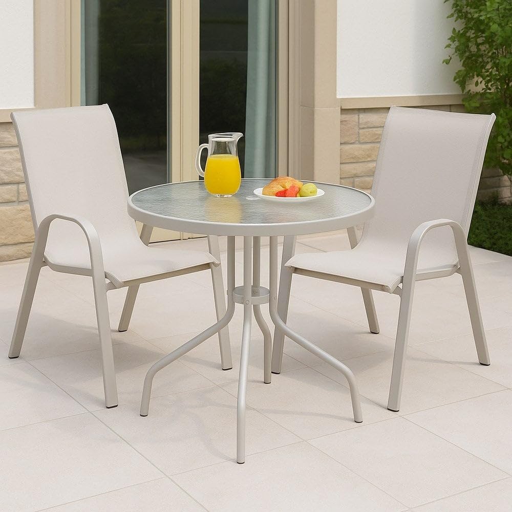 MONTY Mesa de Jardín Redonda Ø 90 cm de Acero Arena con Tablero de Cristal Templado 5mm | Pintura Anticorrosión, Uso Exterior | para 4 Personas | Requiere Montaje | Classic
