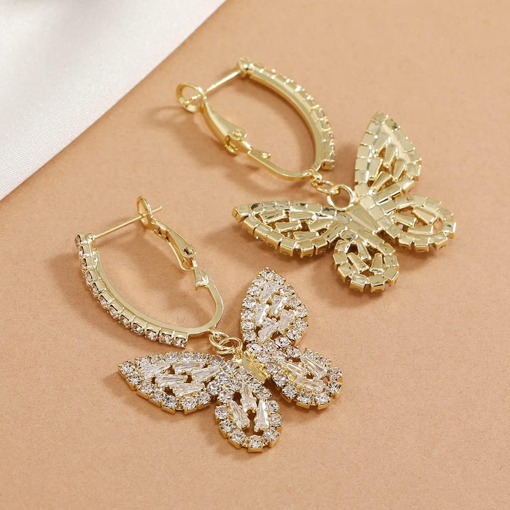Butterfly Dangling Earrings Crystal Rhinestone CZ Drop Earrings For Women, 14K Gold/White Gold Plated Earrings Hypoallergenic Nickel Free Cute Charms Dangling Earring Dainty Birthday Jewelry Gift - Image 6