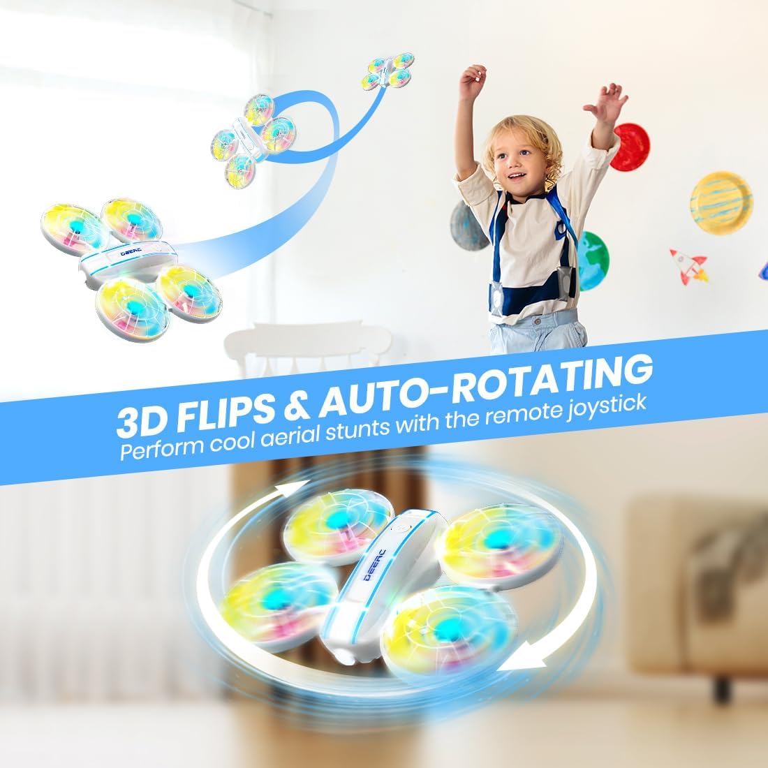 Imaxe que mostra o minidron DEERC D33 realizando xiros en 3D e acrobacias de rotación automática.