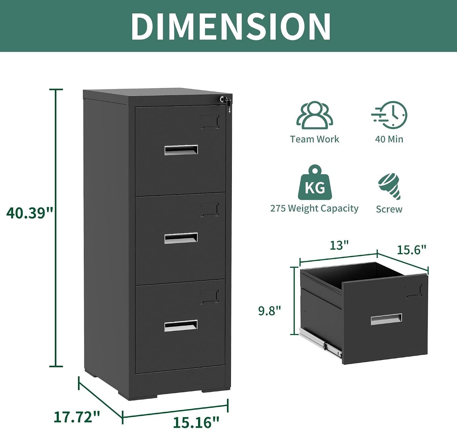 File Cabinets 3 Drawer with Lock, Heavy Duty Black Metal Storage Cabinets, Vertical Filing Cabinet for Home Office, Steel Cabinet for Letter Legal Size Files, Assembly Required