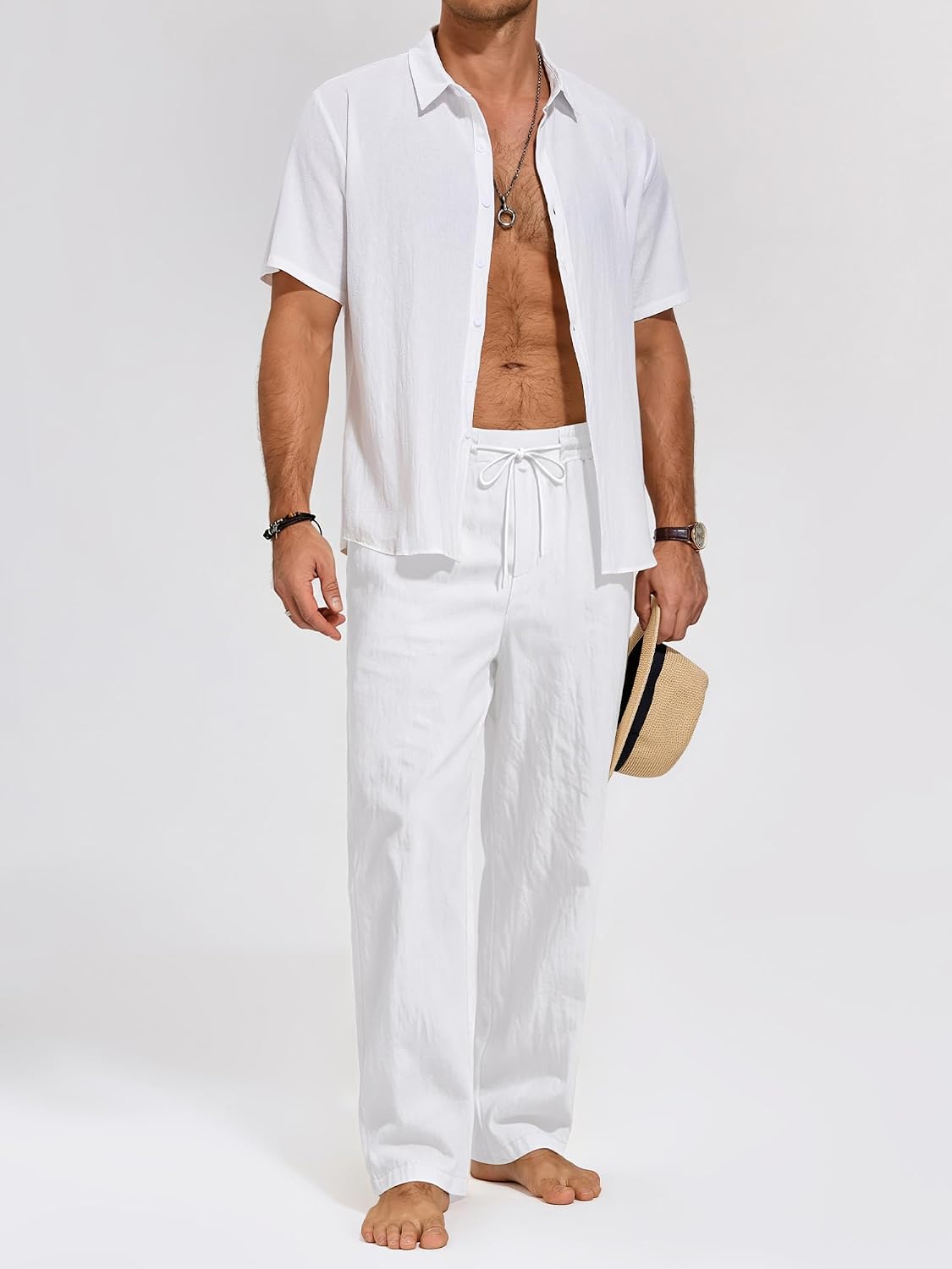 ZARLAN Men's Cotton Linen Pants Breathable Casual Summer Beach Lightweight Loose Fit Elastic Drawstring Waist Trousers