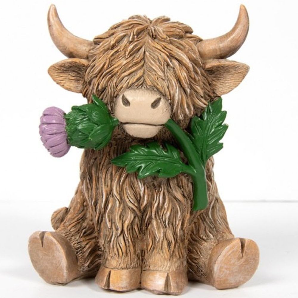 Lesser & Pavey Happy Highland Cow Highland Cow With Thistle Figurines & Ornaments For Home & Office