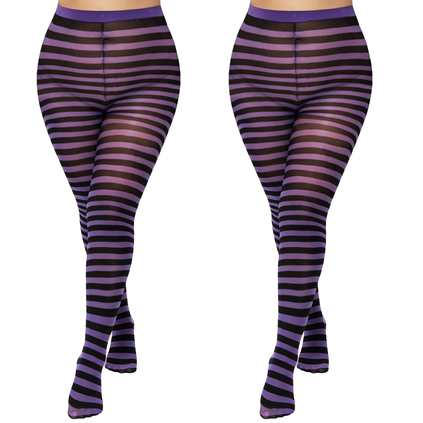 Manzi Women's Black/Purple 2 Pairs Plus Size Christmas Striped Tights Fancy Dress Stripe Stocking Tights For Halloween Christmas Cosplay Costume