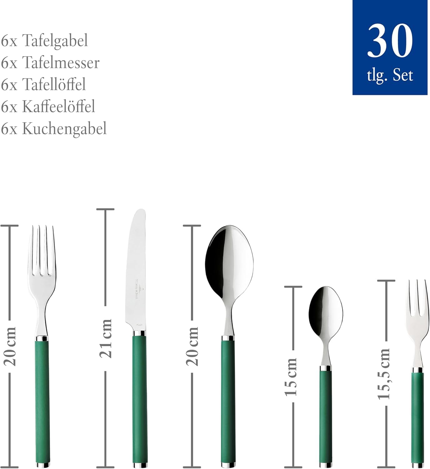 Villeroy & Boch Play Garden 30-częściowy zestaw sztućców ze stali nierdzewnej z zielonymi uchwytami z tworzywa sztucznego na 6 posiłków, nadaje się do mycia w zmywarce
