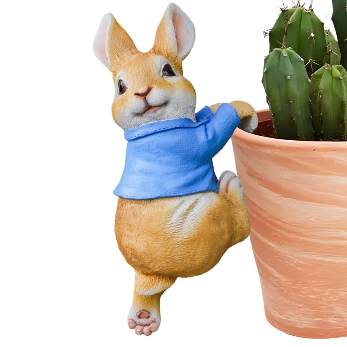 PEIQICHU Cute Rabbit Plants Pot Hanger Resin Easter Bunny Statue Flower Pot Planter Hanging Decorative Bunnies Wear Blue Cloth Sculptures Outdoor Garden Lawn Ornaments Home Office